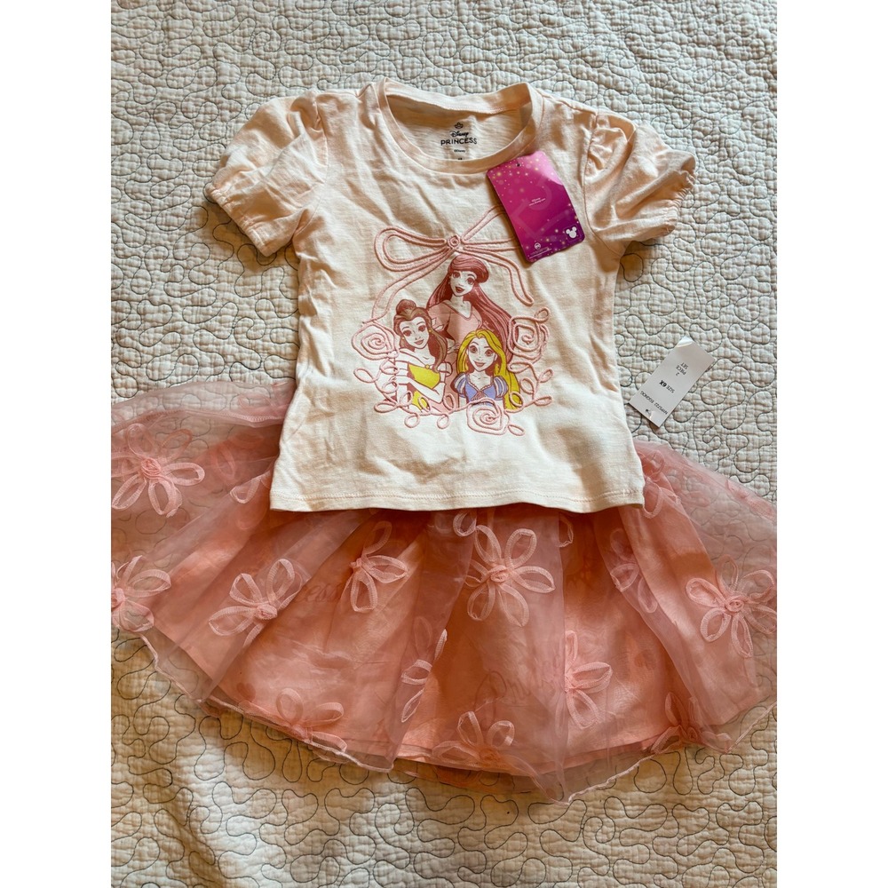 Disney Princess Girls 2pc Set‎ Belle Ariel Rapunzel Pink Top Tulle Skirt 6X